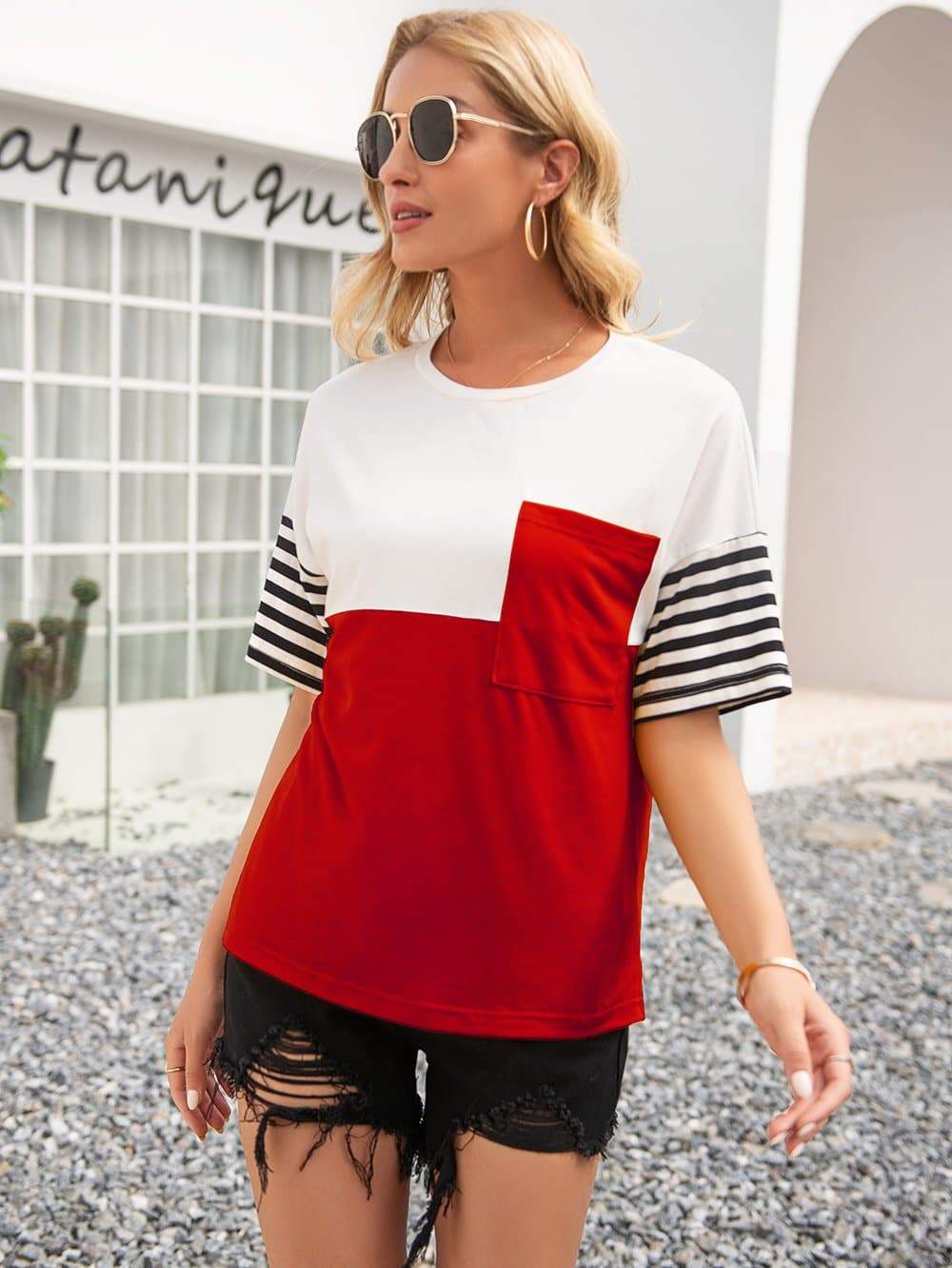 Anna-Kaci Colorblock Striped Short Sleeve Top With a Shirt Pocket for Women Small 0-4 / Love Red