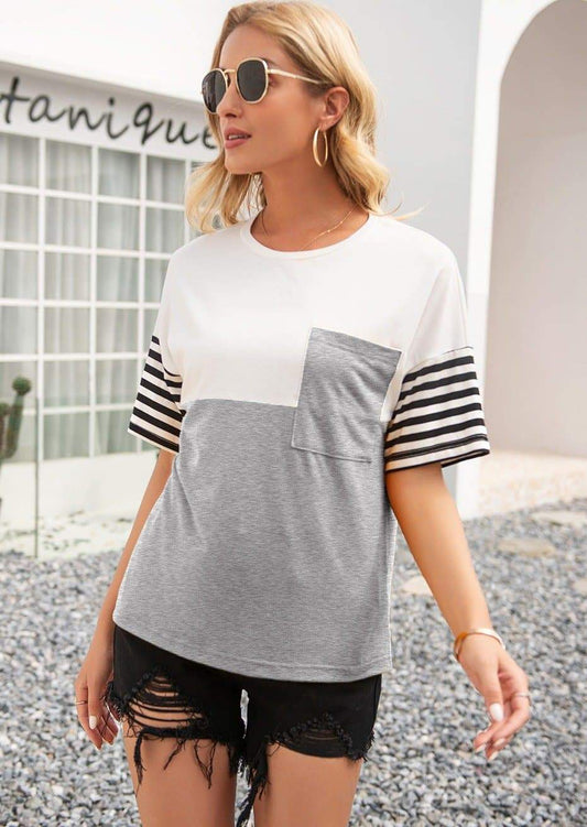 Anna-Kaci Colorblock Striped Short Sleeve Top With a Shirt Pocket for Women