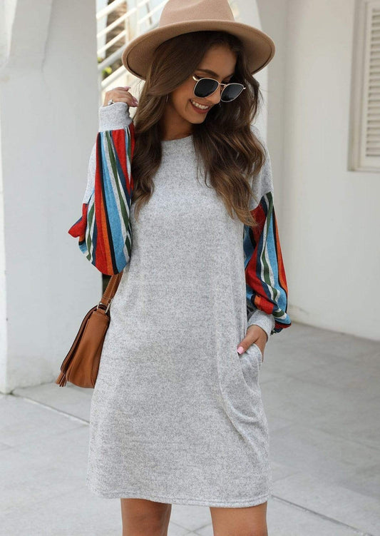 Anna-Kaci Colorful Striped Long Sleeve Basic Tunic Dress Above Knee Dress for Women