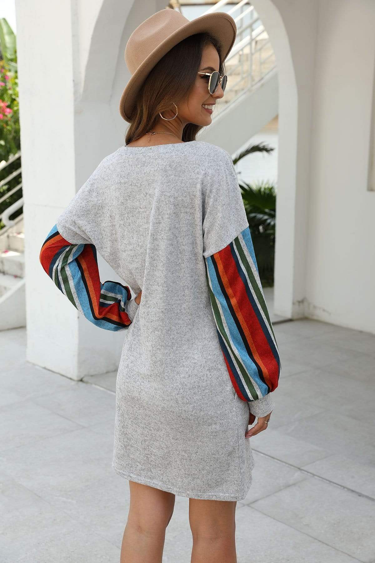 Anna-Kaci Colorful Striped Long Sleeve Basic Tunic Dress Above Knee Dress for Women