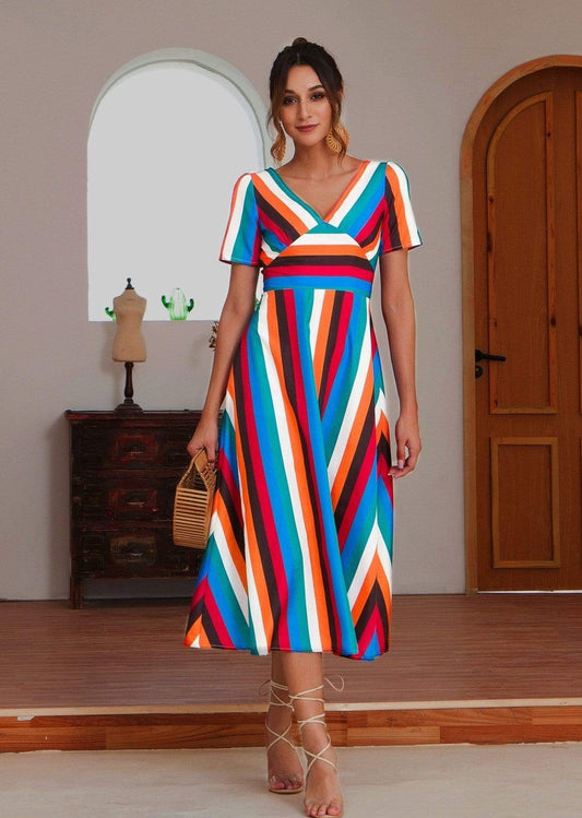 Anna-Kaci Colorful Striped Maxi Dress V Neck Line Short Sleeve for Women