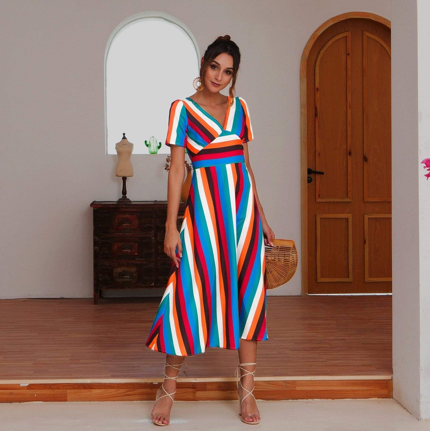 Anna-Kaci Colorful Striped Maxi Dress V Neck Line Short Sleeve for Women