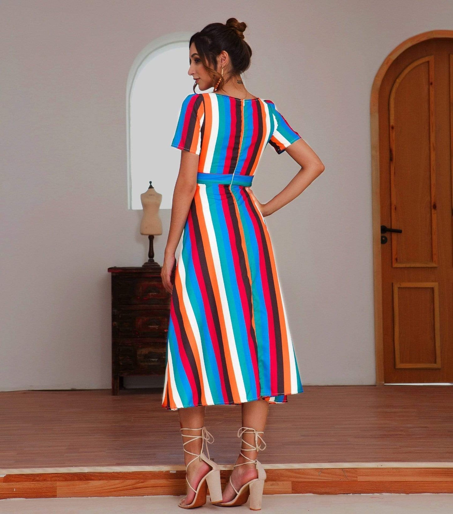 Anna-Kaci Colorful Striped Maxi Dress V Neck Line Short Sleeve for Women