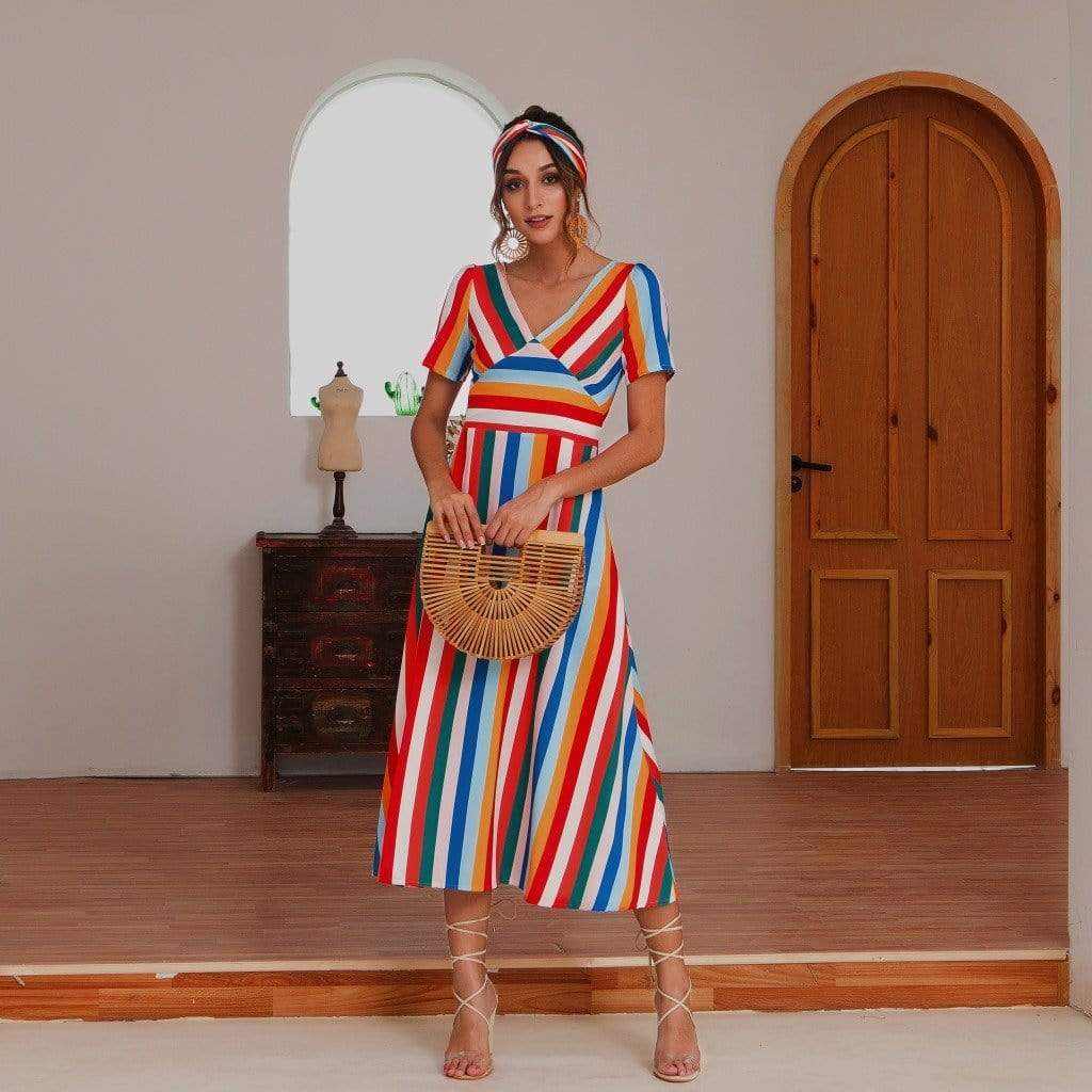 Anna-Kaci Colorful Striped Maxi Dress V Neck Line Short Sleeve for Women