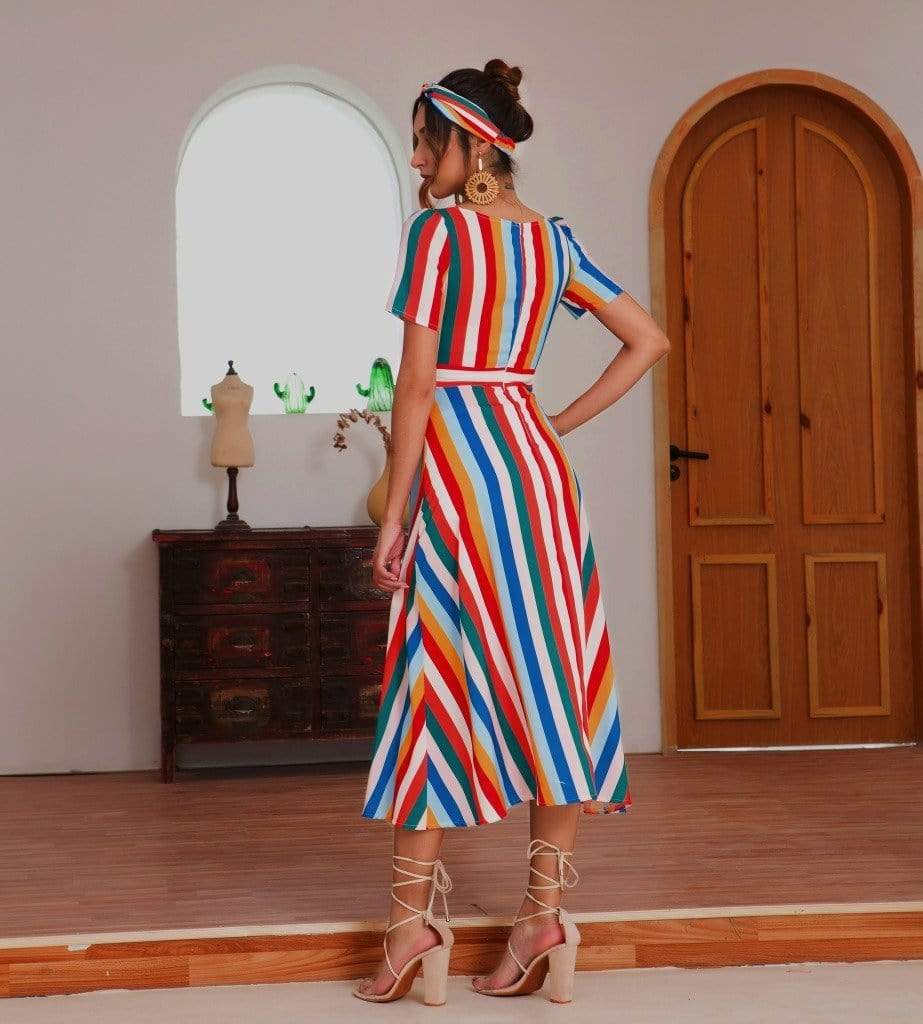 Anna-Kaci Colorful Striped Maxi Dress V Neck Line Short Sleeve for Women