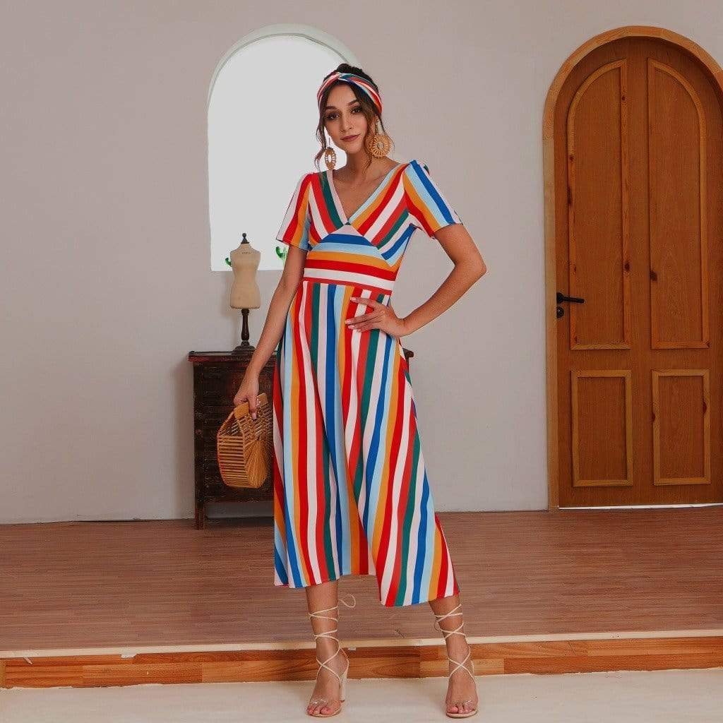 Anna-Kaci Colorful Striped Maxi Dress V Neck Line Short Sleeve for Women