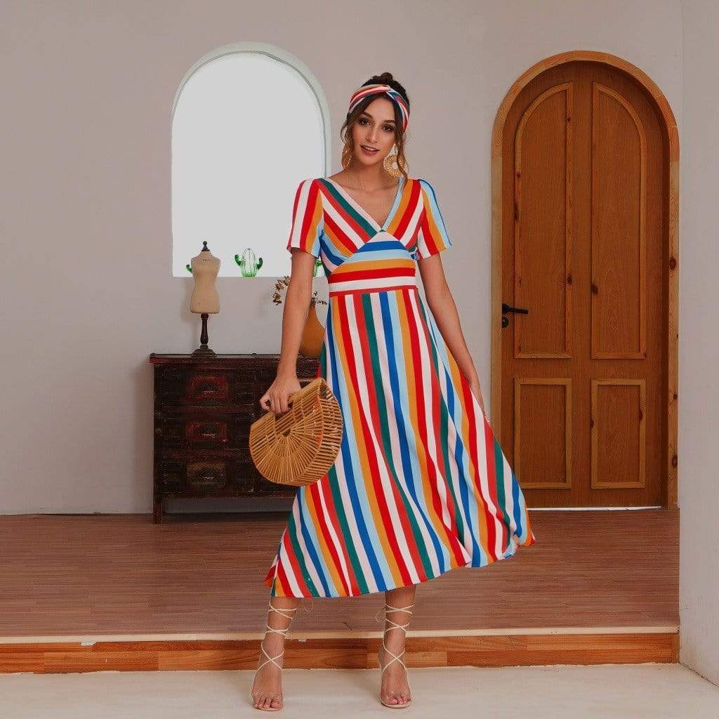 Anna-Kaci Colorful Striped Maxi Dress V Neck Line Short Sleeve for Women Large 8-10 / Red
