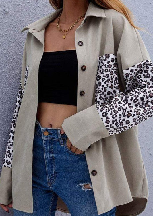 Anna-Kaci Contrast Button Down Front Leopard Print Panel Shacket for Women
