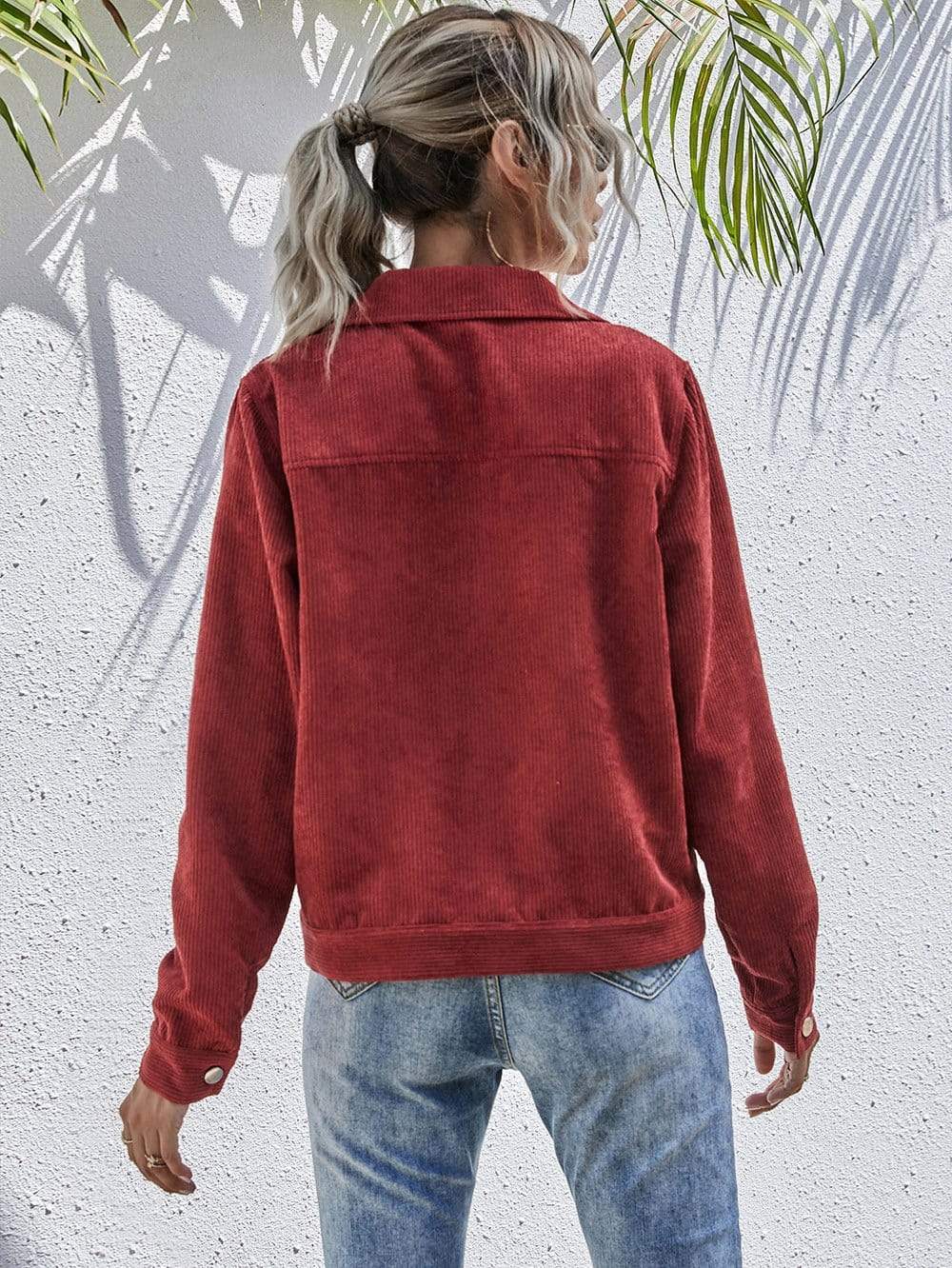 Anna-Kaci Corduroy Button Collared Long Sleeve Dual Pocket Jacket for Women