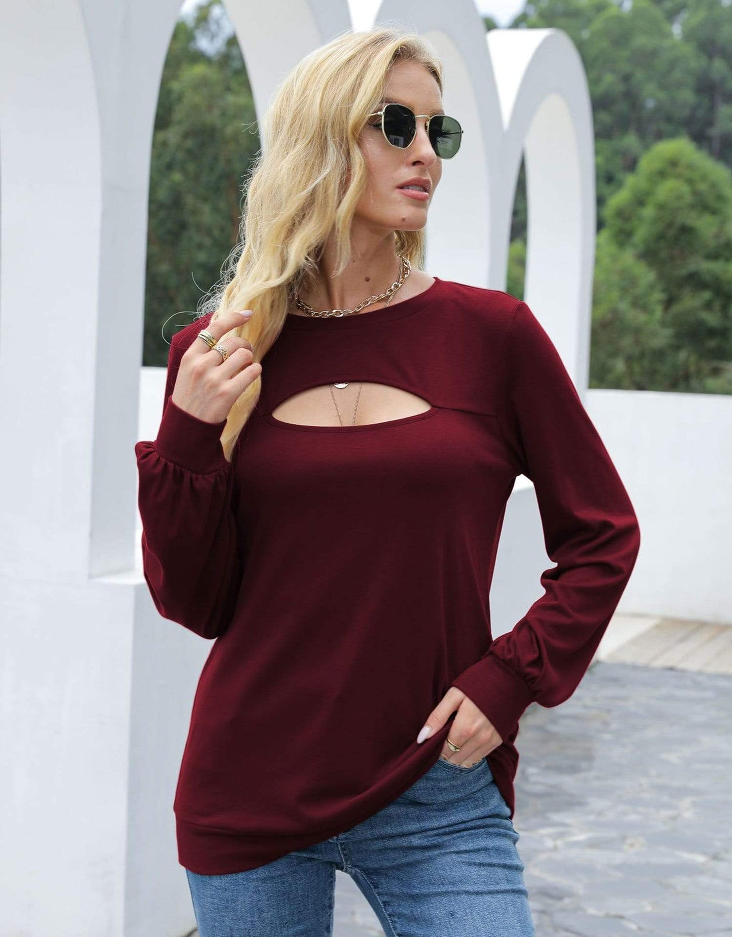 Anna-Kaci Cut Out Pullover Long Sleeve Solid Color Top for Women