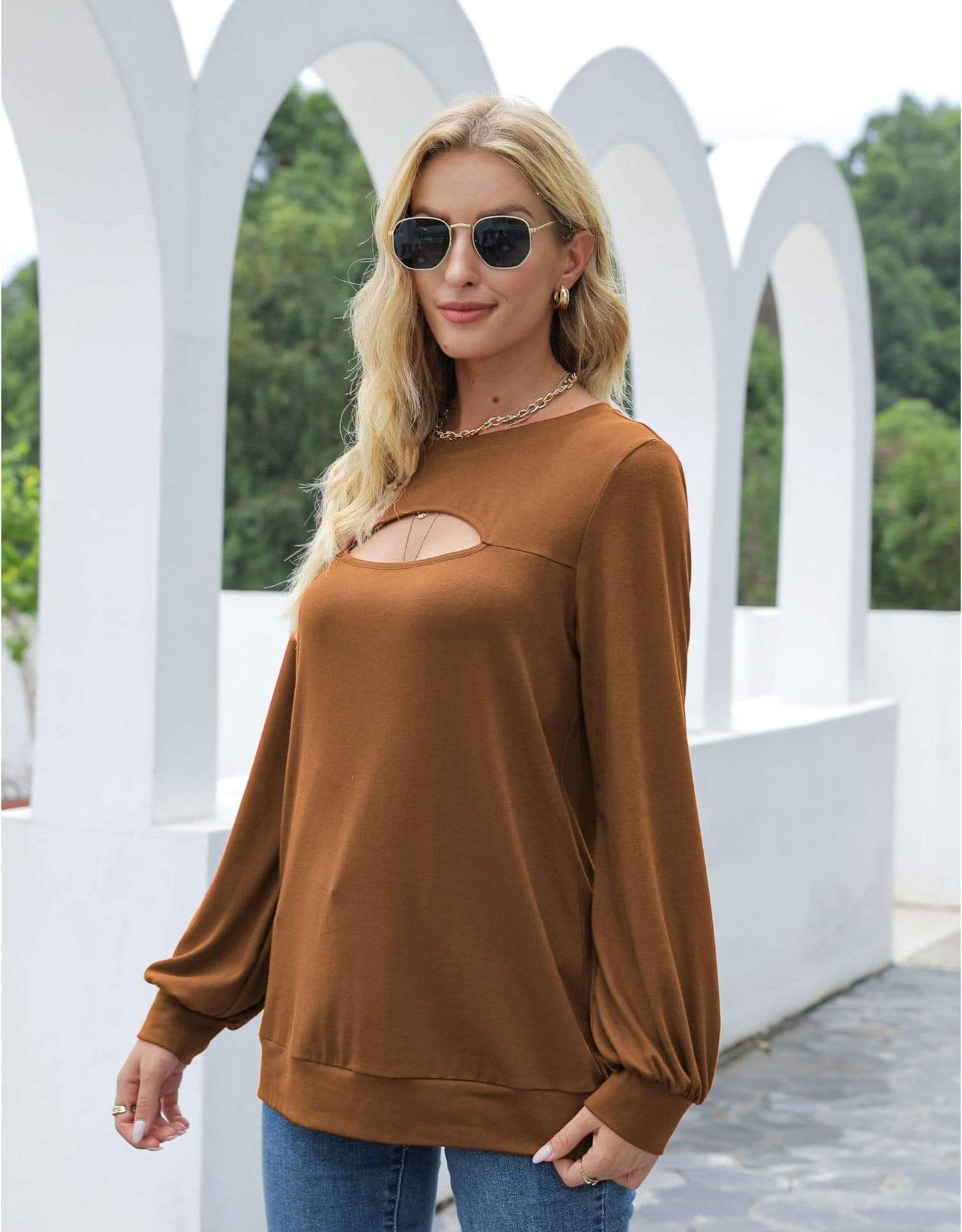 Anna-Kaci Cut Out Pullover Long Sleeve Solid Color Top for Women