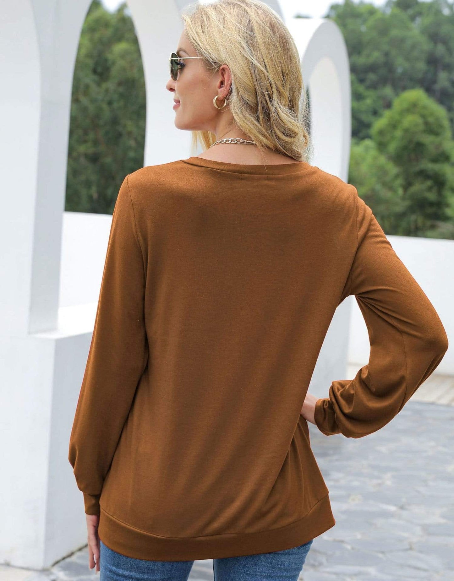 Anna-Kaci Cut Out Pullover Long Sleeve Solid Color Top for Women