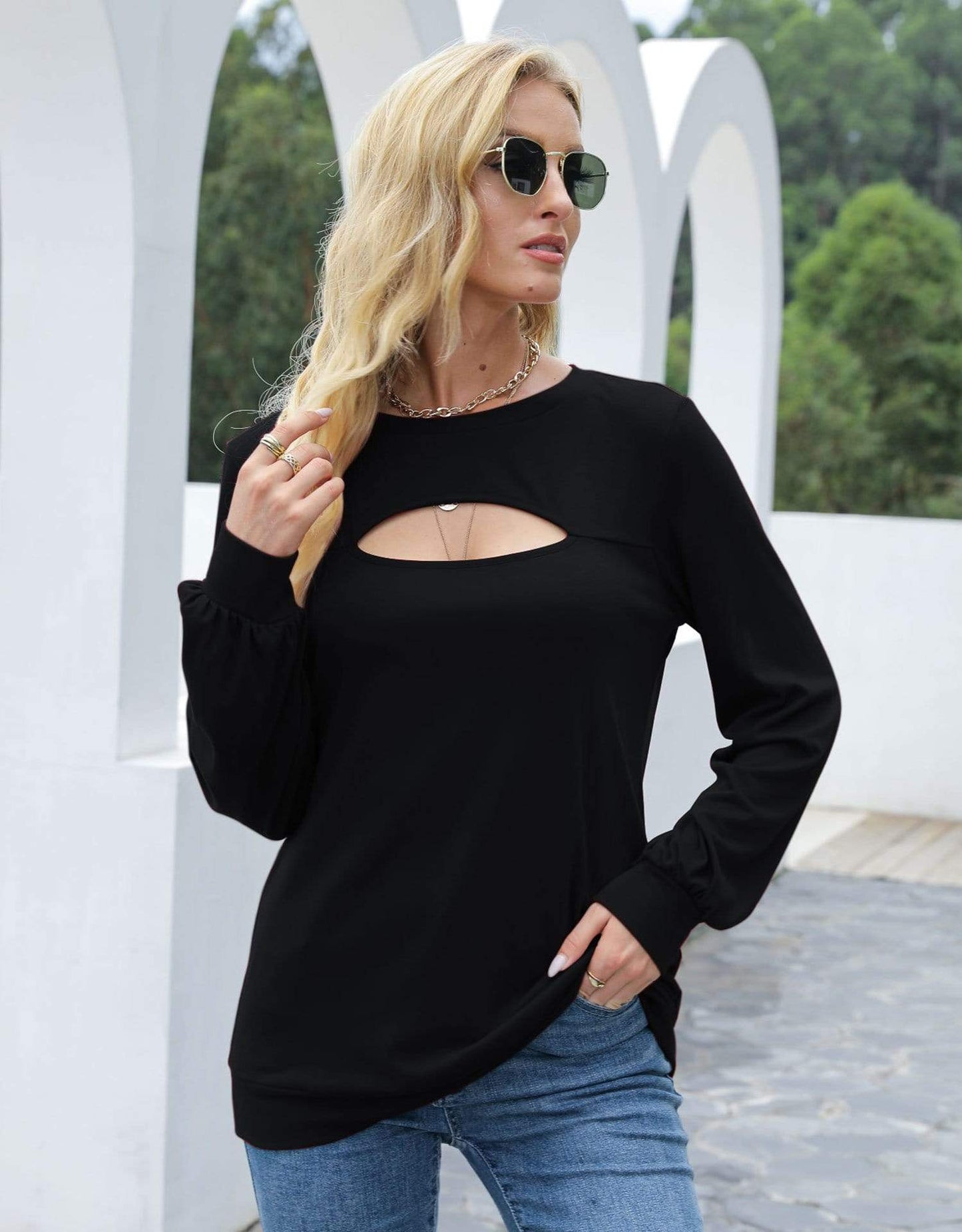 Anna-Kaci Cut Out Pullover Long Sleeve Solid Color Top for Women