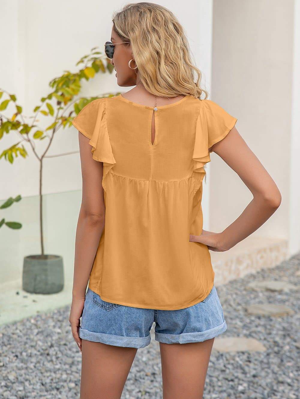 Anna-Kaci Embroidered Boho Yoke Ruffle Short Sleeve Blouse Round Neck Keyhole Back