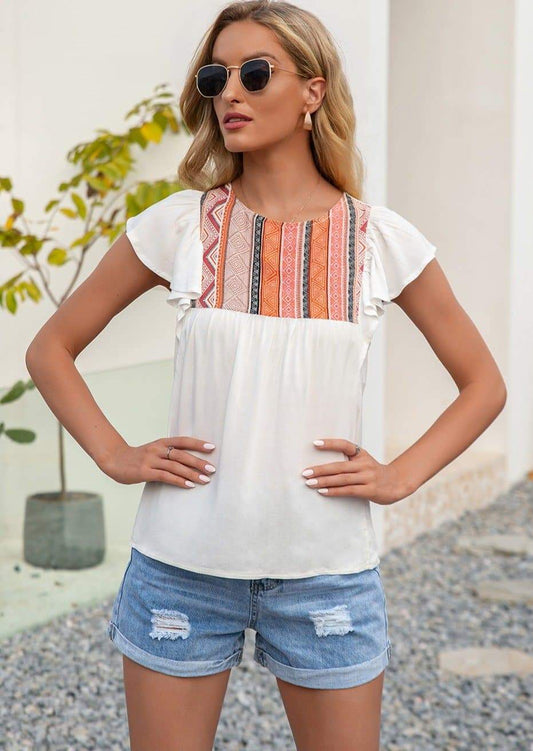 Anna-Kaci Embroidered Boho Yoke Ruffle Short Sleeve Blouse Round Neck Keyhole Back