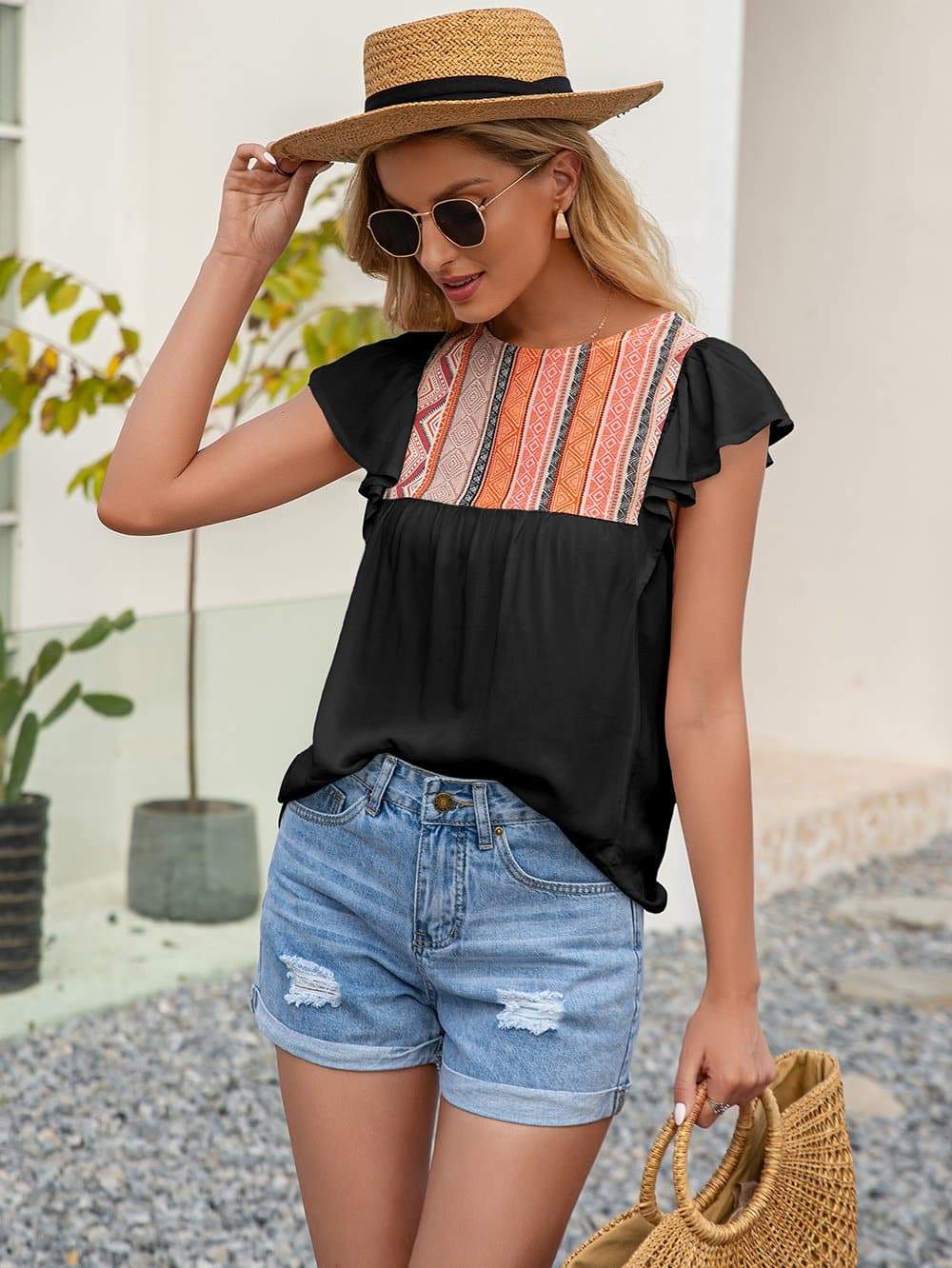 Anna-Kaci Embroidered Boho Yoke Ruffle Short Sleeve Blouse Round Neck Keyhole Back Small 0-4 / Black