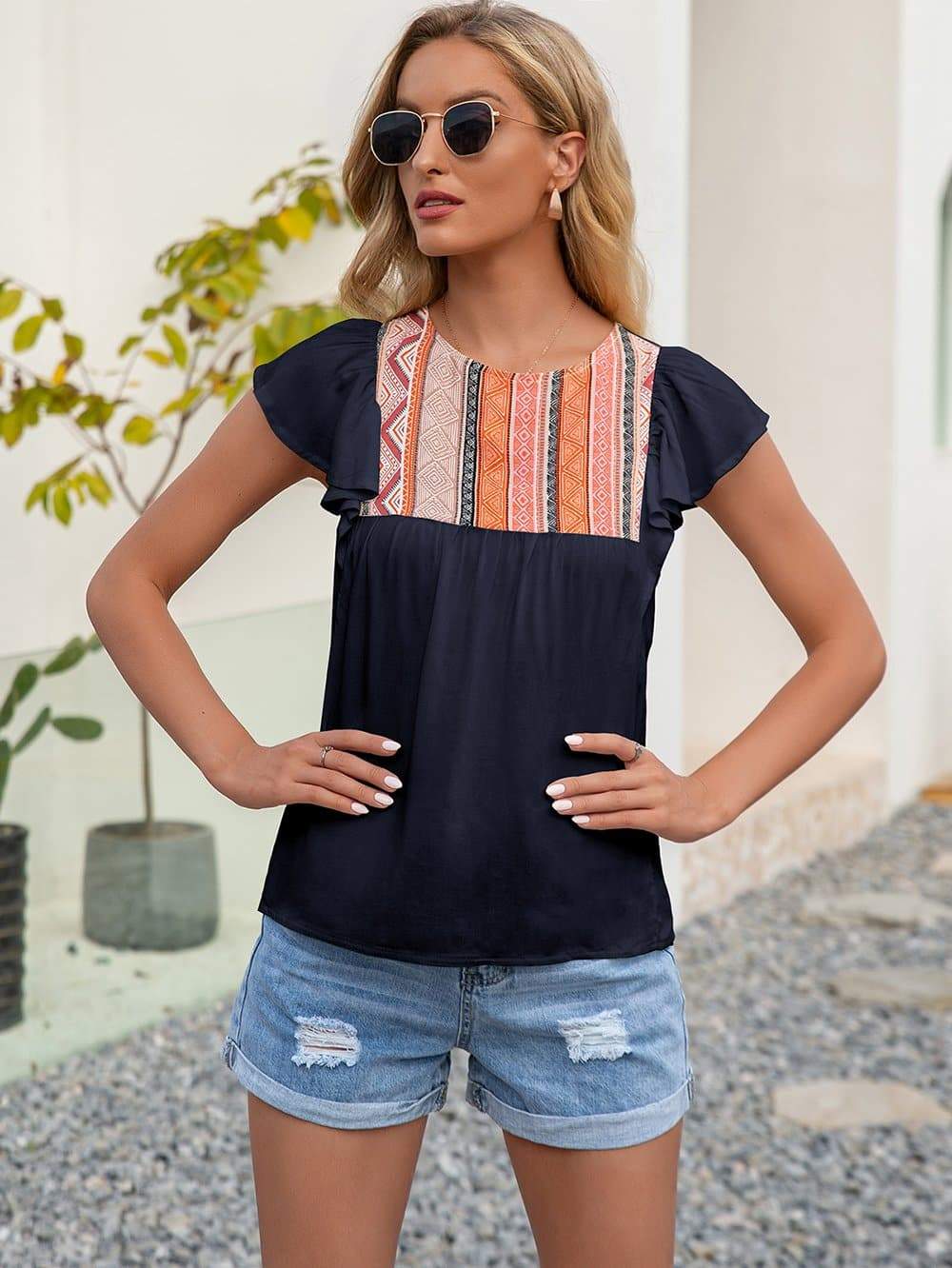 Anna-Kaci Embroidered Boho Yoke Ruffle Short Sleeve Blouse Round Neck Keyhole Back Small 0-4 / Dark Navy