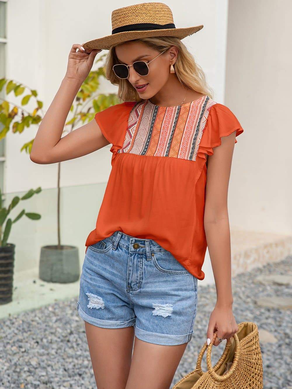 Anna-Kaci Embroidered Boho Yoke Ruffle Short Sleeve Blouse Round Neck Keyhole Back Small 0-4 / Orange