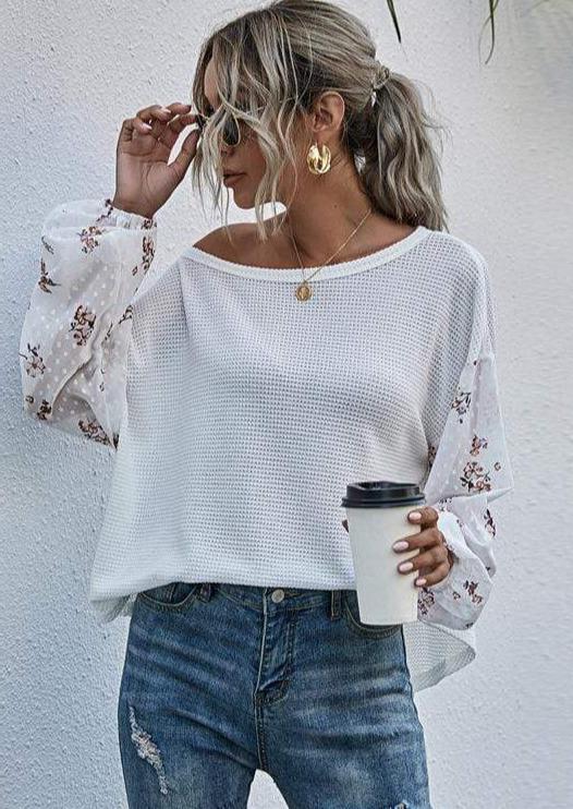 Anna-Kaci Floral Clip Dot Long Sleeve Waffle Knit Pull Over Top for Women