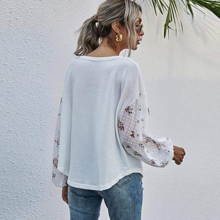 Anna-Kaci Floral Clip Dot Long Sleeve Waffle Knit Pull Over Top for Women