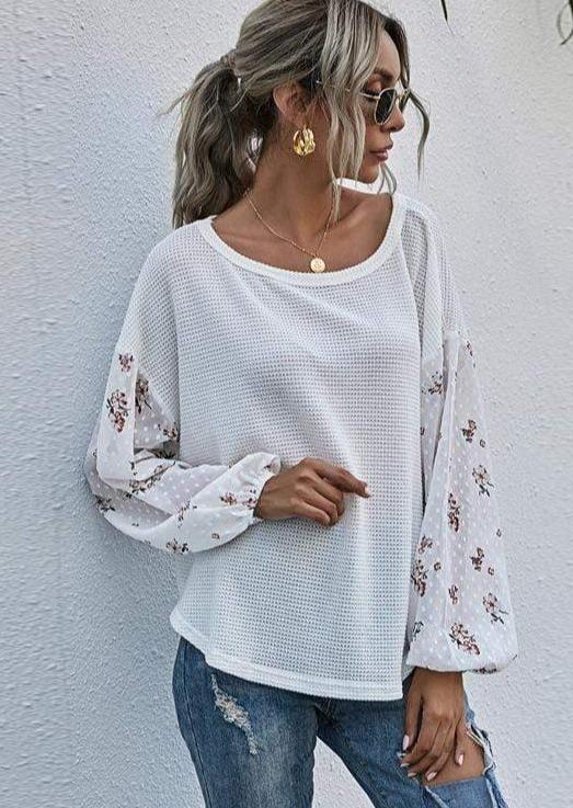 Anna-Kaci Floral Clip Dot Long Sleeve Waffle Knit Pull Over Top for Women Large 8-10 / White