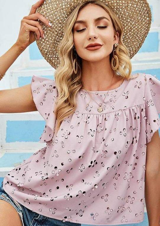 Anna-Kaci Floral Cut Out Semi Sheer Summer Ruffle Blouse Top Roundneck for Women