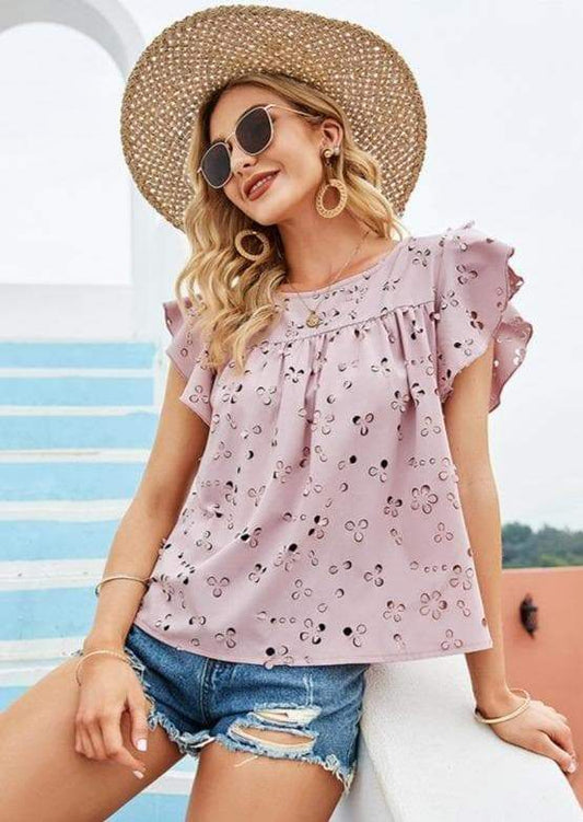 Anna-Kaci Floral Cut Out Semi Sheer Summer Ruffle Blouse Top Roundneck for Women Small 0-4