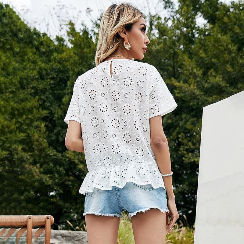 Anna-Kaci Floral Eyelet Embroidery Short Sleeve Ruffle Peplum Blouse for Women
