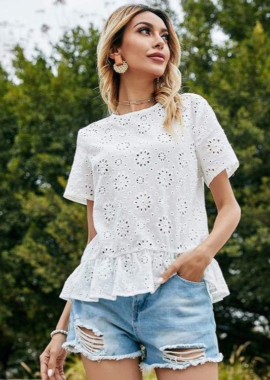 Anna-Kaci Floral Eyelet Embroidery Short Sleeve Ruffle Peplum Blouse for Women