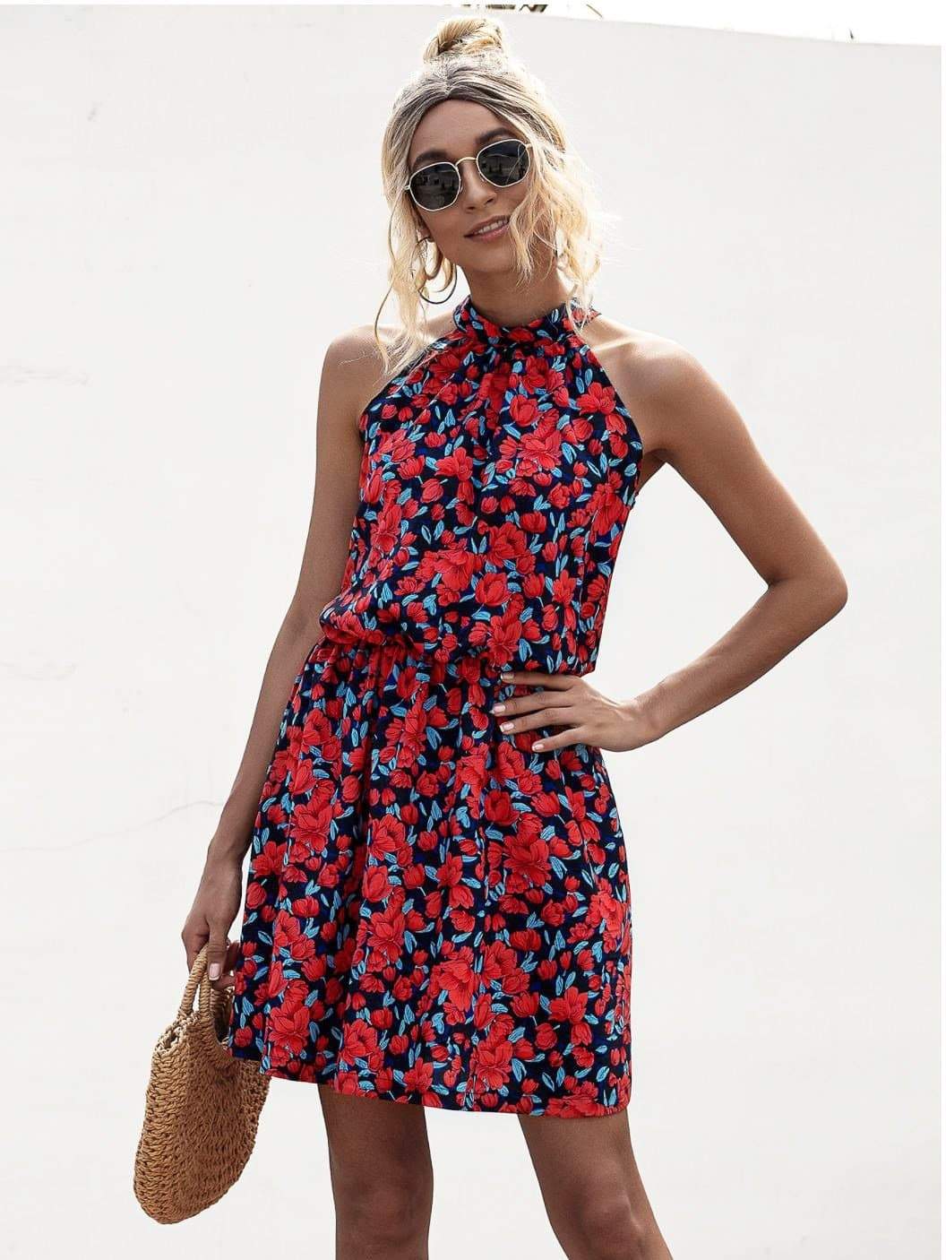 Anna-Kaci Floral Halter Dress Tie Back Cinched Waist Flare Flounce for Women