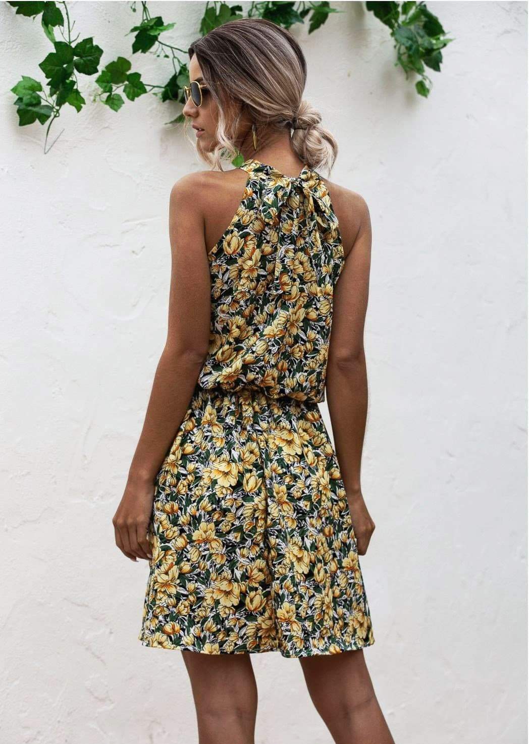 Anna-Kaci Floral Halter Dress Tie Back Cinched Waist Flare Flounce for Women