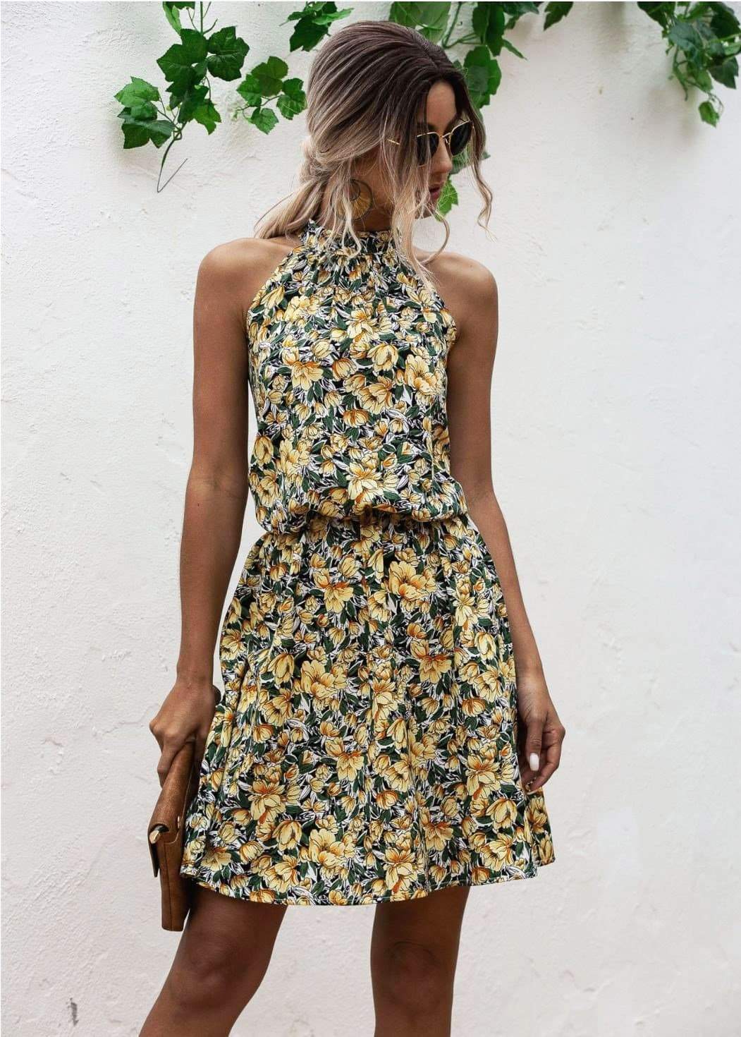 Anna-Kaci Floral Halter Dress Tie Back Cinched Waist Flare Flounce for Women