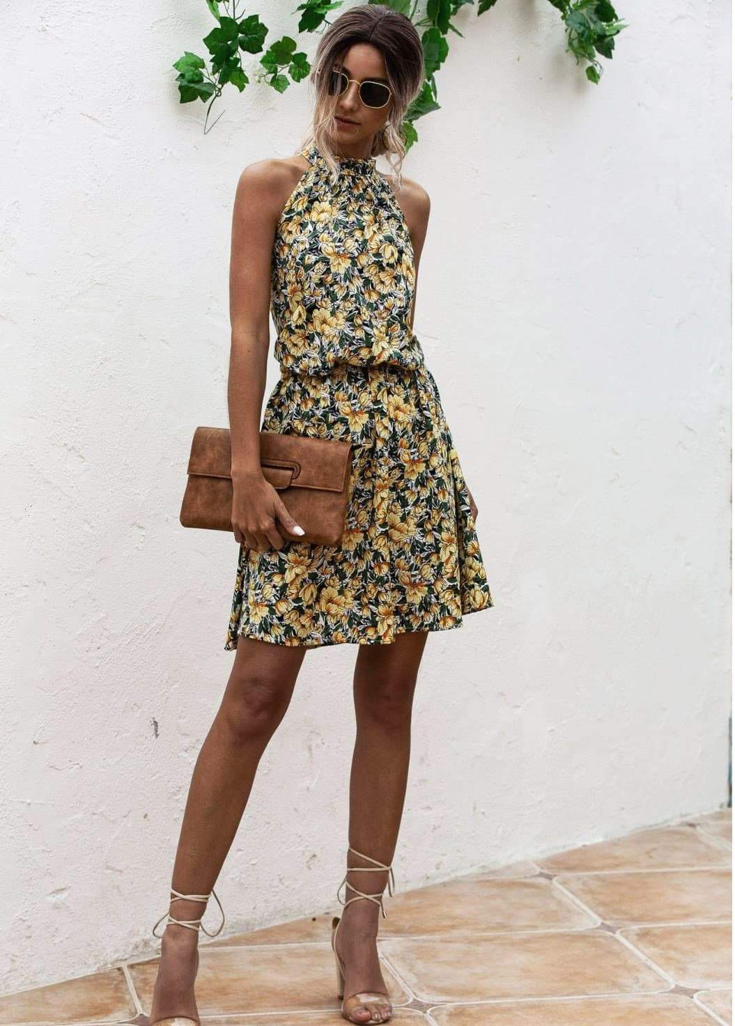 Anna-Kaci Floral Halter Dress Tie Back Cinched Waist Flare Flounce for Women
