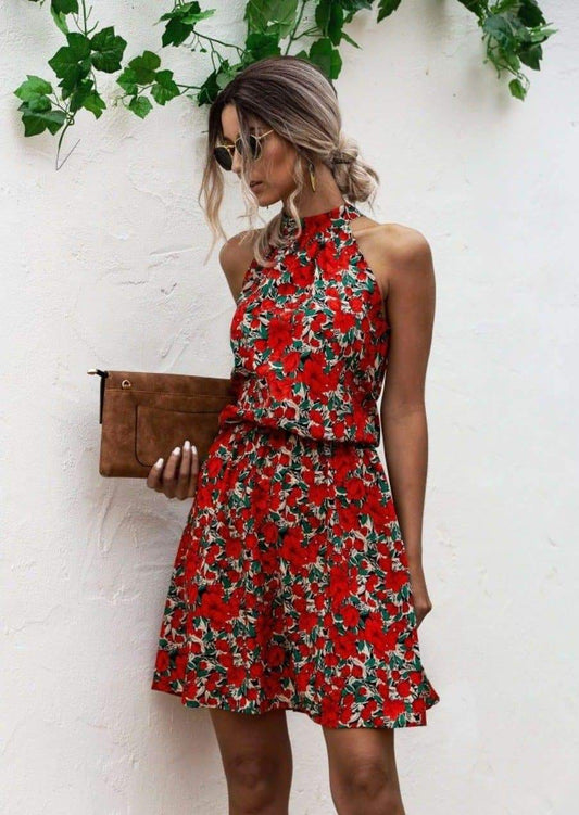Anna-Kaci Floral Halter Dress Tie Back Cinched Waist Flare Flounce for Women Small 0-4 / Love Red