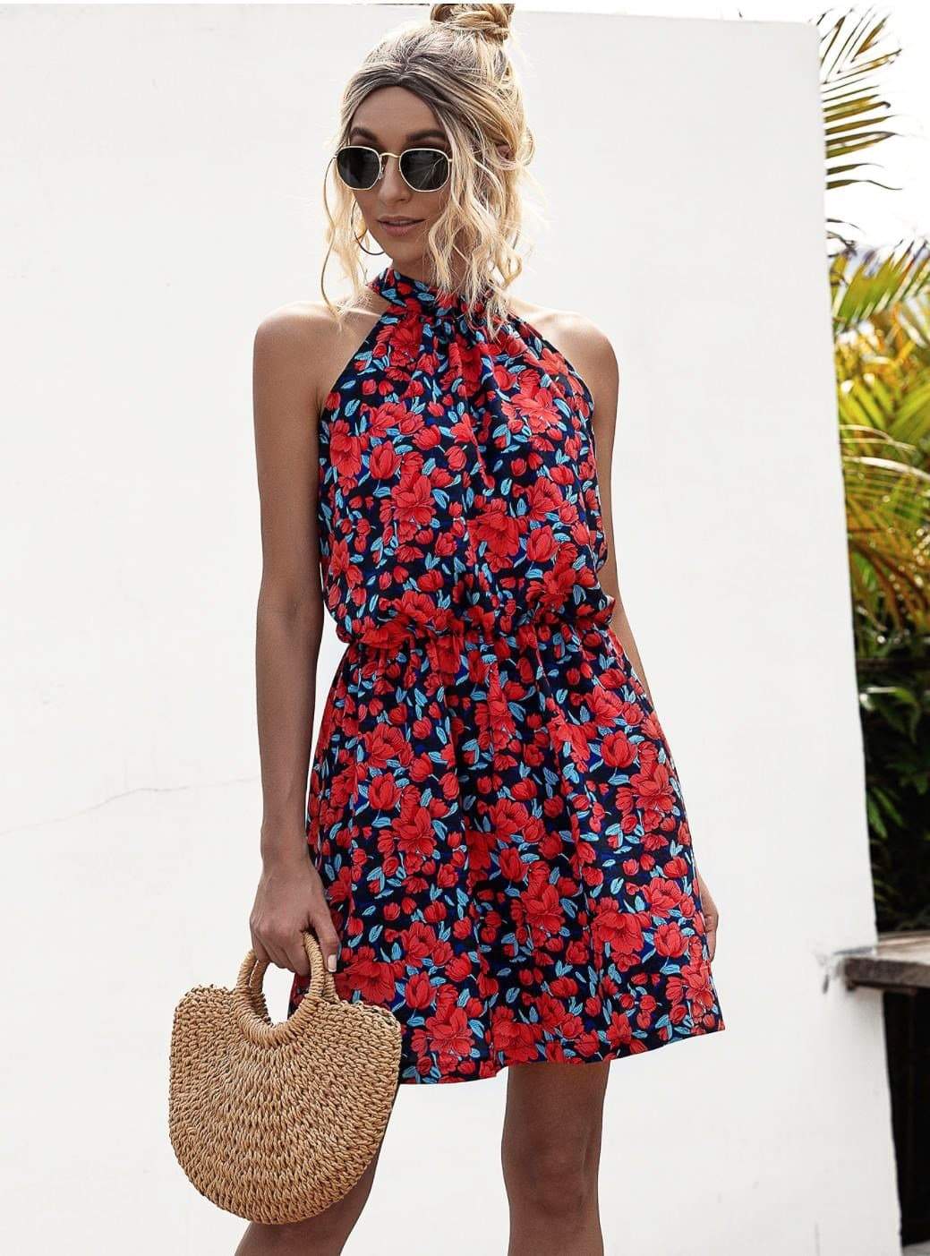 Anna-Kaci Floral Halter Dress Tie Back Cinched Waist Flare Flounce for Women Small 0-4 / Navy & Red Floral