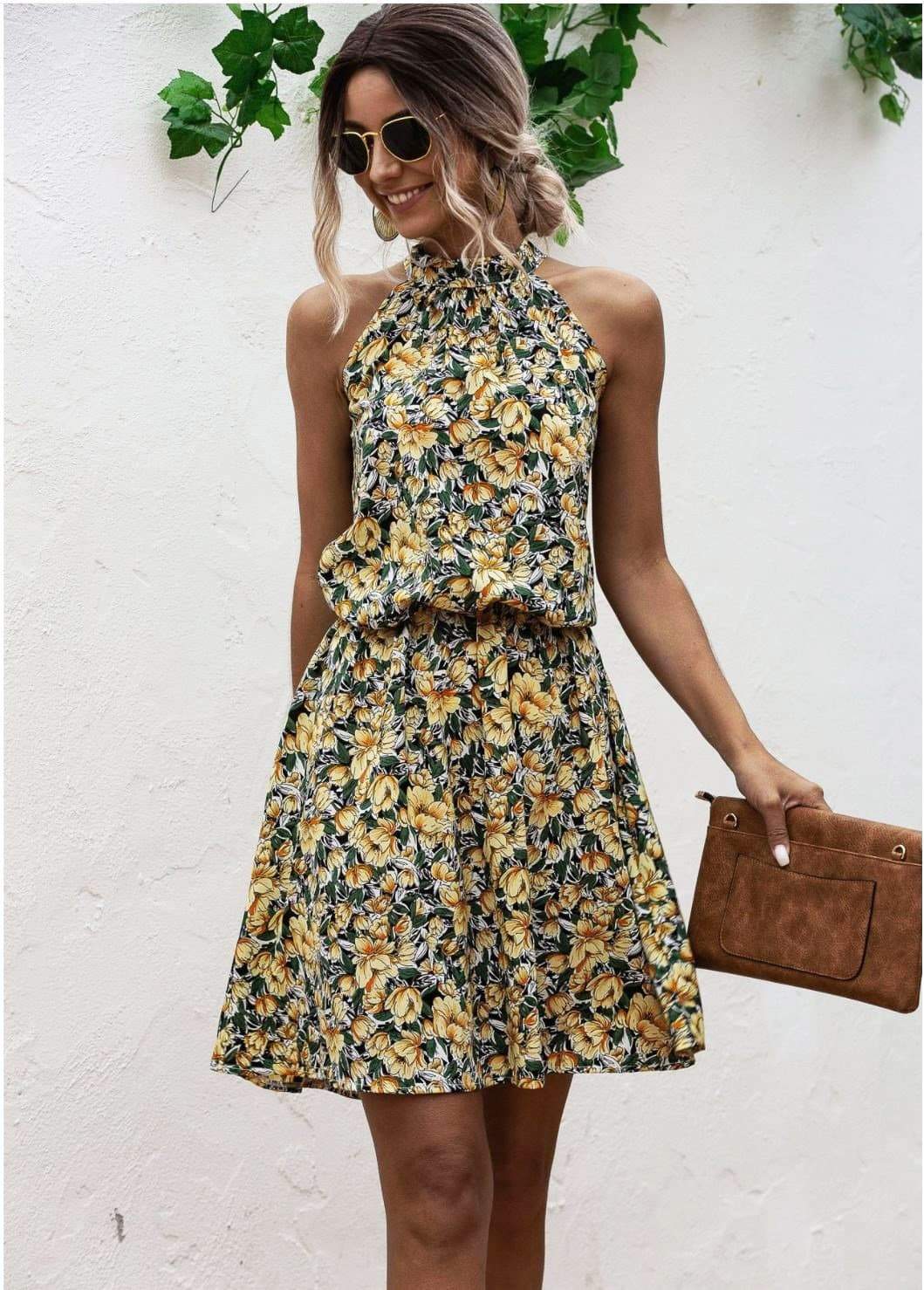 Anna-Kaci Floral Halter Dress Tie Back Cinched Waist Flare Flounce for Women Small 0-4 / Yellow Daisy