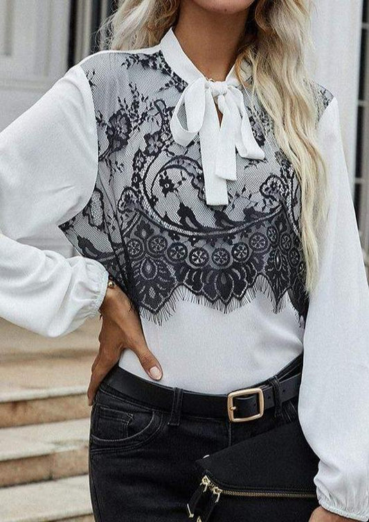 Anna-Kaci Floral Mesh Layered Yoke Cowgirl Tied Neck Collar Long Sleeve Top for Women Large 8-10 / White