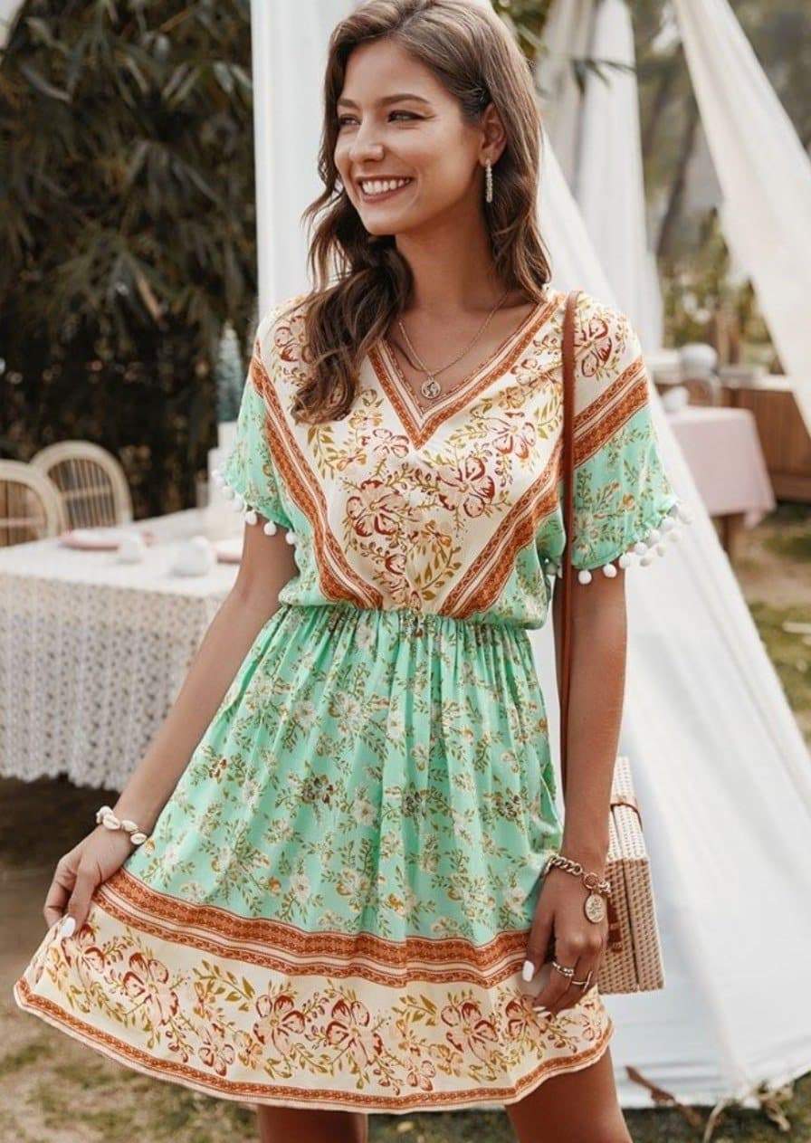 Anna-Kaci Floral Paisley Printed V-Neck Gathered Tunic Dress Short Sleeve for Women Seafoam / Small 0-4