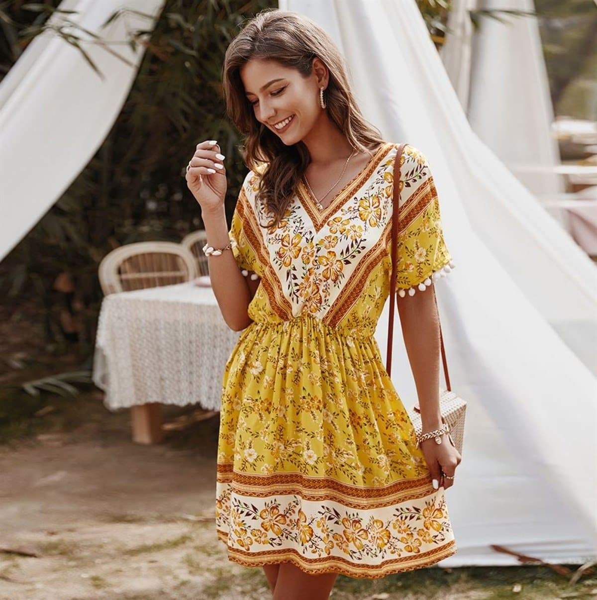 Anna-Kaci Floral Paisley Printed V-Neck Gathered Tunic Dress Short Sleeve for Women Sunrise Yellow / Small 0-4