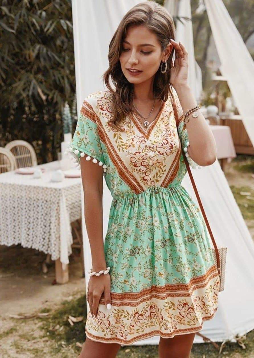 Anna-Kaci Floral Paisley Printed V-Neck Gathered Tunic Dress Short Sleeve for Women