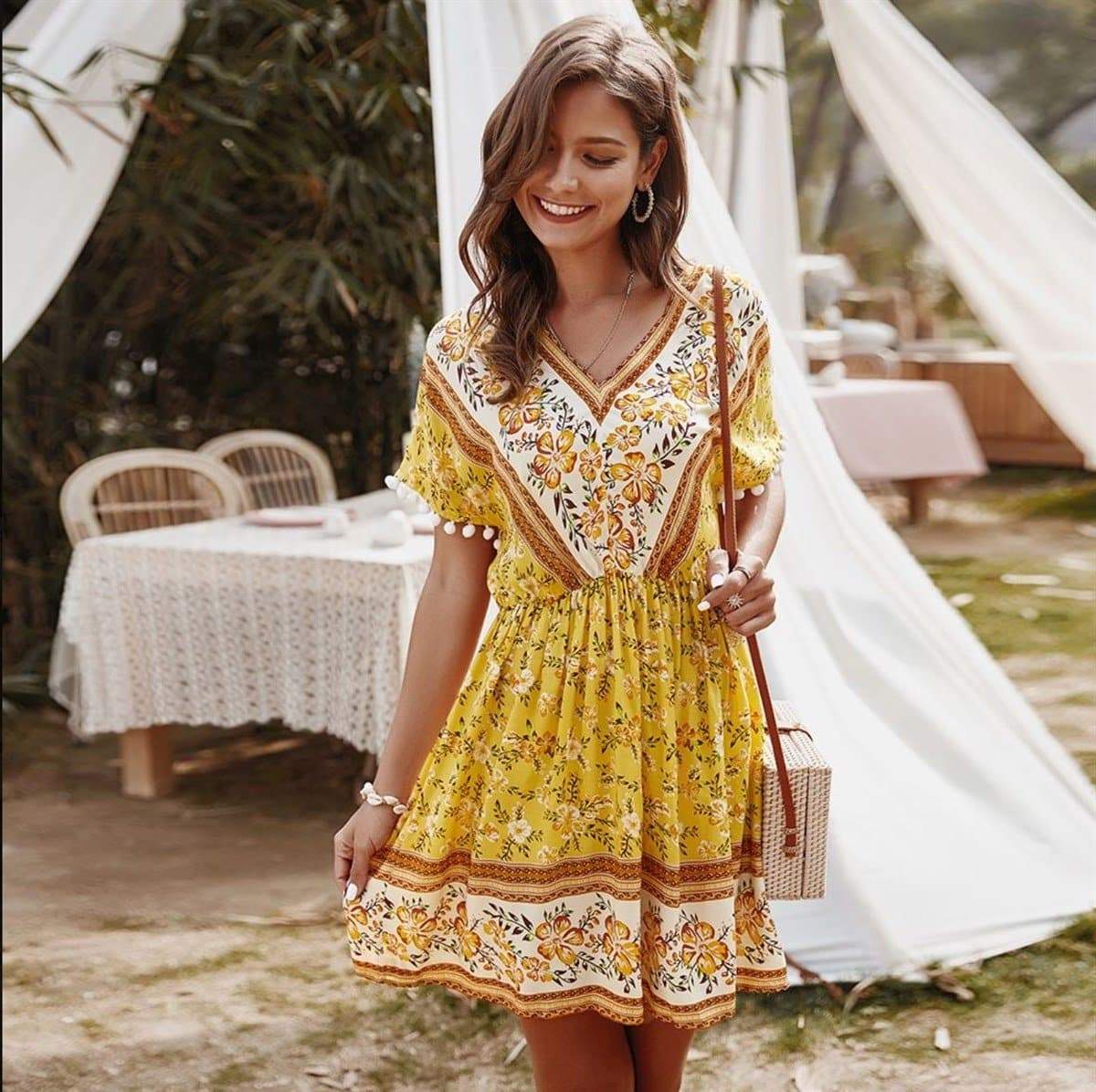 Anna-Kaci Floral Paisley Printed V-Neck Gathered Tunic Dress Short Sleeve for Women