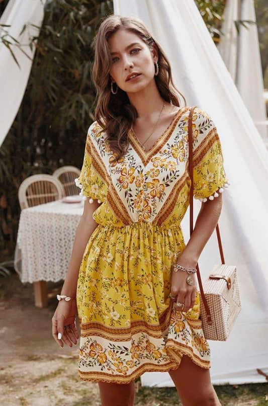 Anna-Kaci Floral Paisley Printed V-Neck Gathered Tunic Dress Short Sleeve for Women