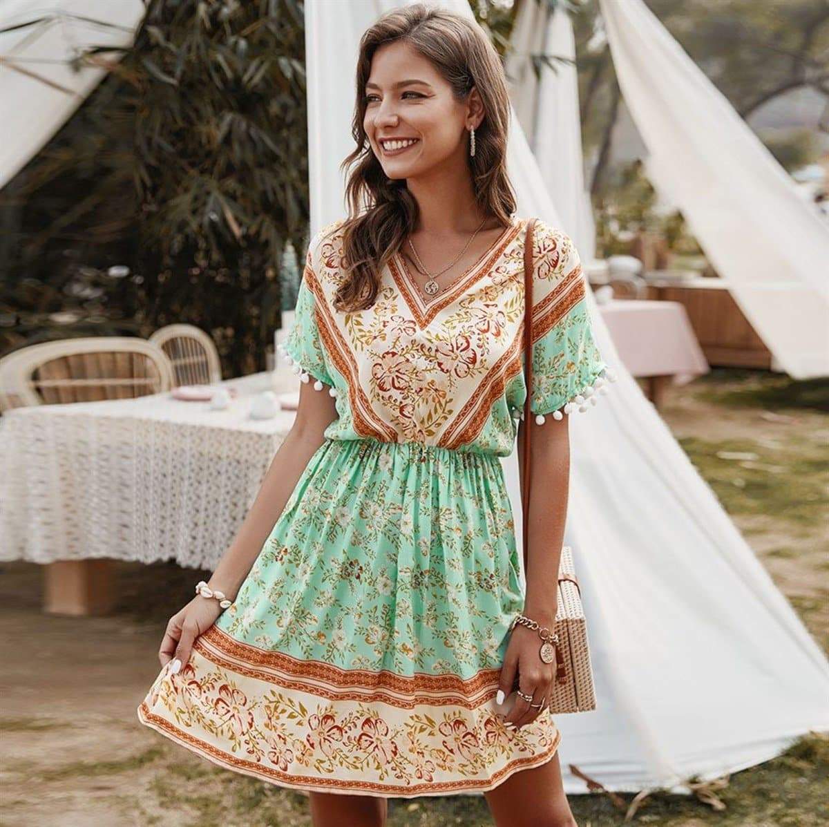 Anna-Kaci Floral Paisley Printed V-Neck Gathered Tunic Dress Short Sleeve for Women