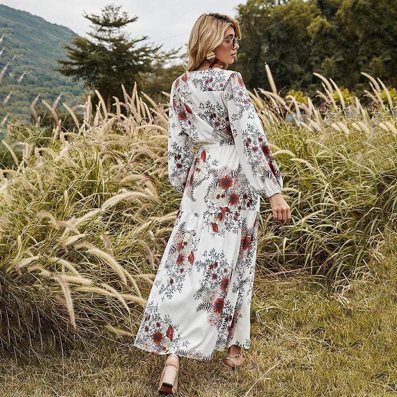 Anna-Kaci Floral Print Long Sleeve Ankle Length Maxi Dress Tied Waist for Women