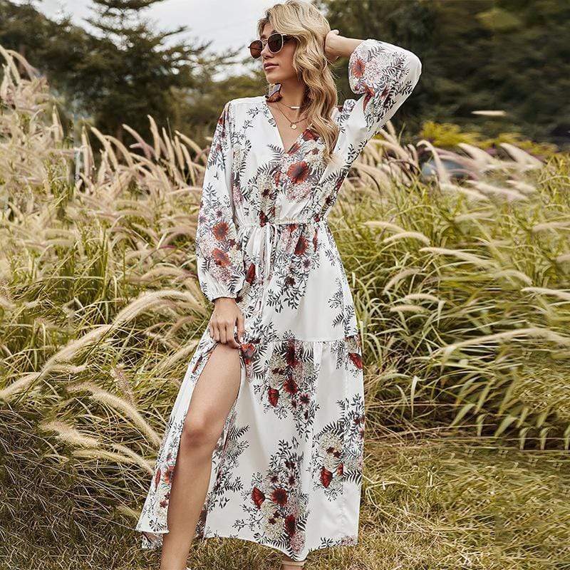 Anna-Kaci Floral Print Long Sleeve Ankle Length Maxi Dress Tied Waist for Women