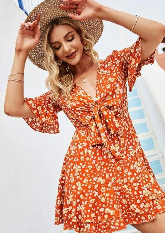 Anna-Kaci Floral Print Orange Tie Front Flowy Summer Dress Short Sleeve for Women