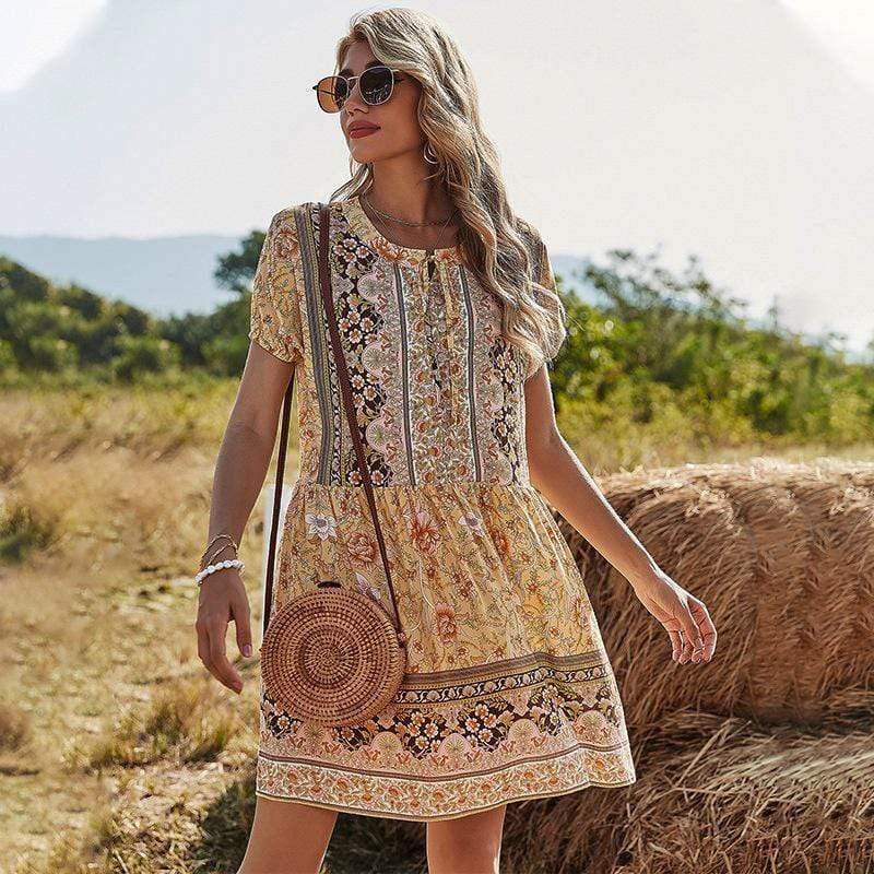 Anna-Kaci Floral Print Peach Bohemian Tunic Dress Above Knee for Women