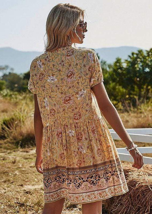 Anna-Kaci Floral Print Peach Bohemian Tunic Dress Above Knee for Women