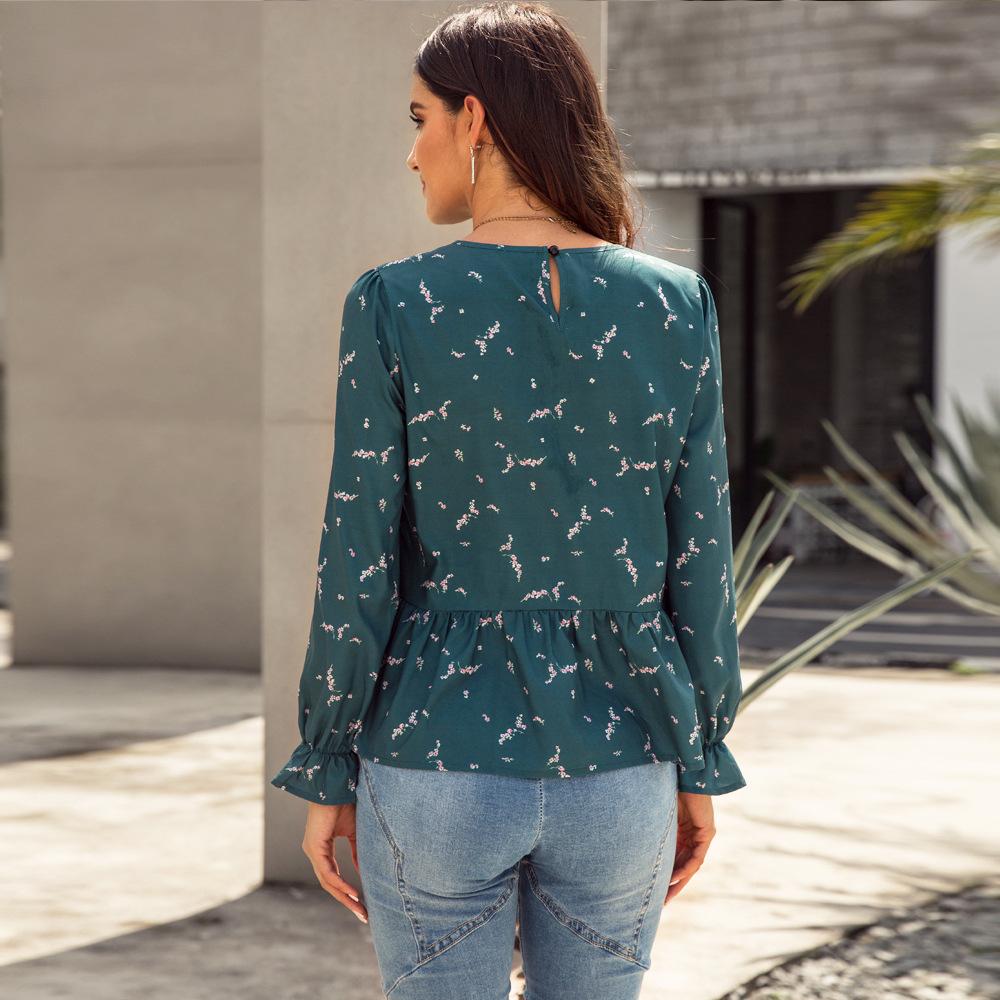 Anna-Kaci Floral Print Round Neck Long Sleeve Blouse For Women