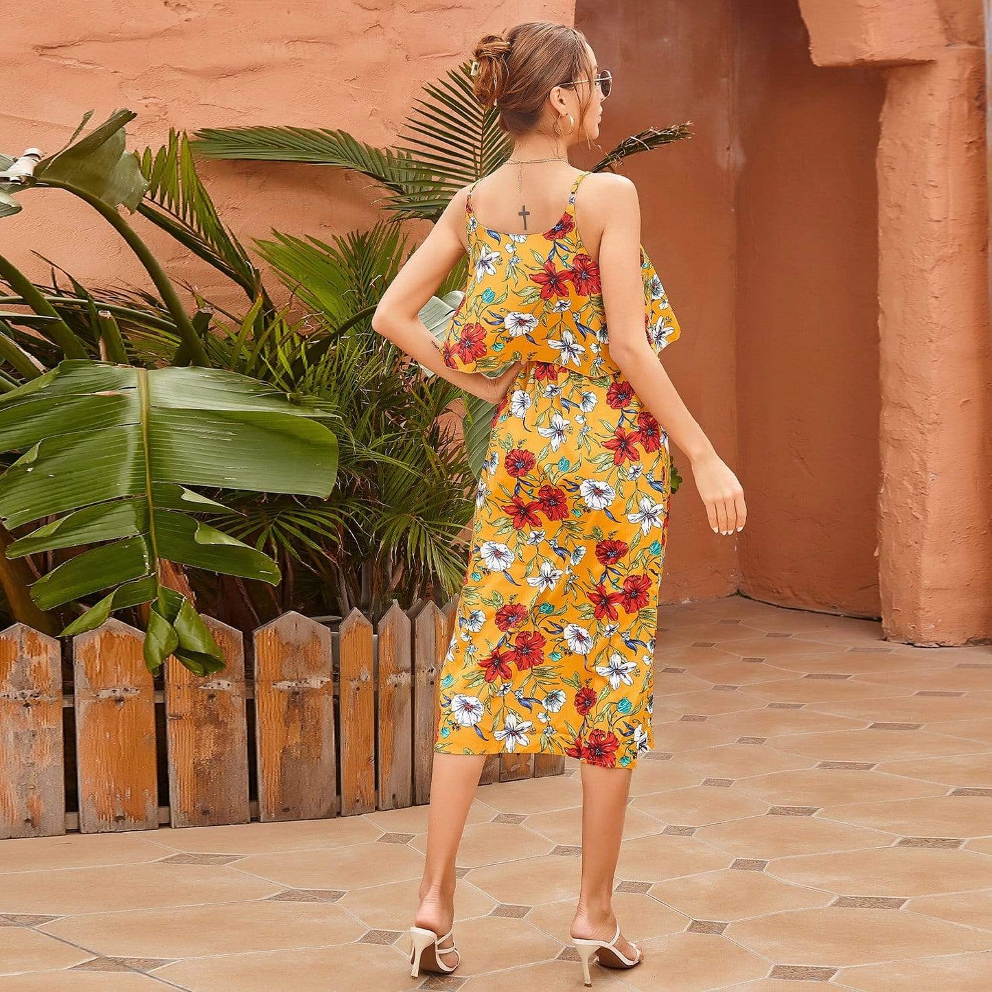 Anna-Kaci Floral Print Tie Bust Midi Cami Dress for Women